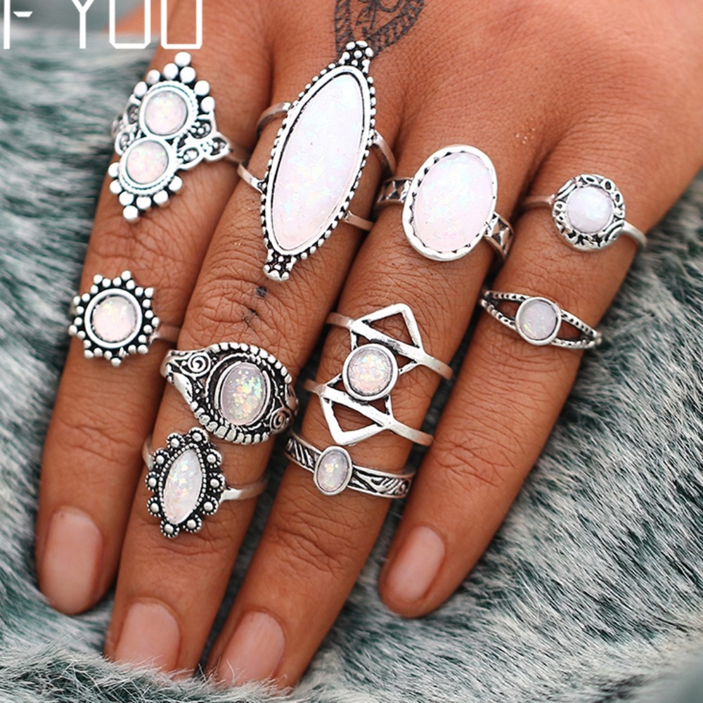 RS9| 10PCS Boho Silver Toned White Stone Ring Set - Picture 3 of 3